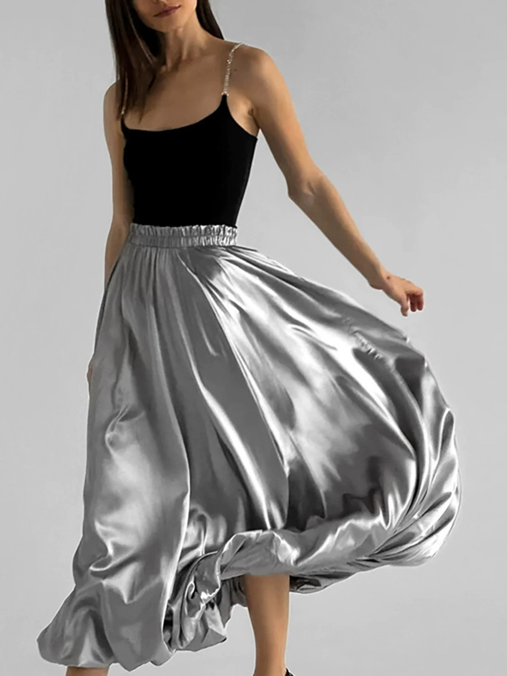 ZARA French Design Coated Silver Versatile Satin Balloon Skirt Women